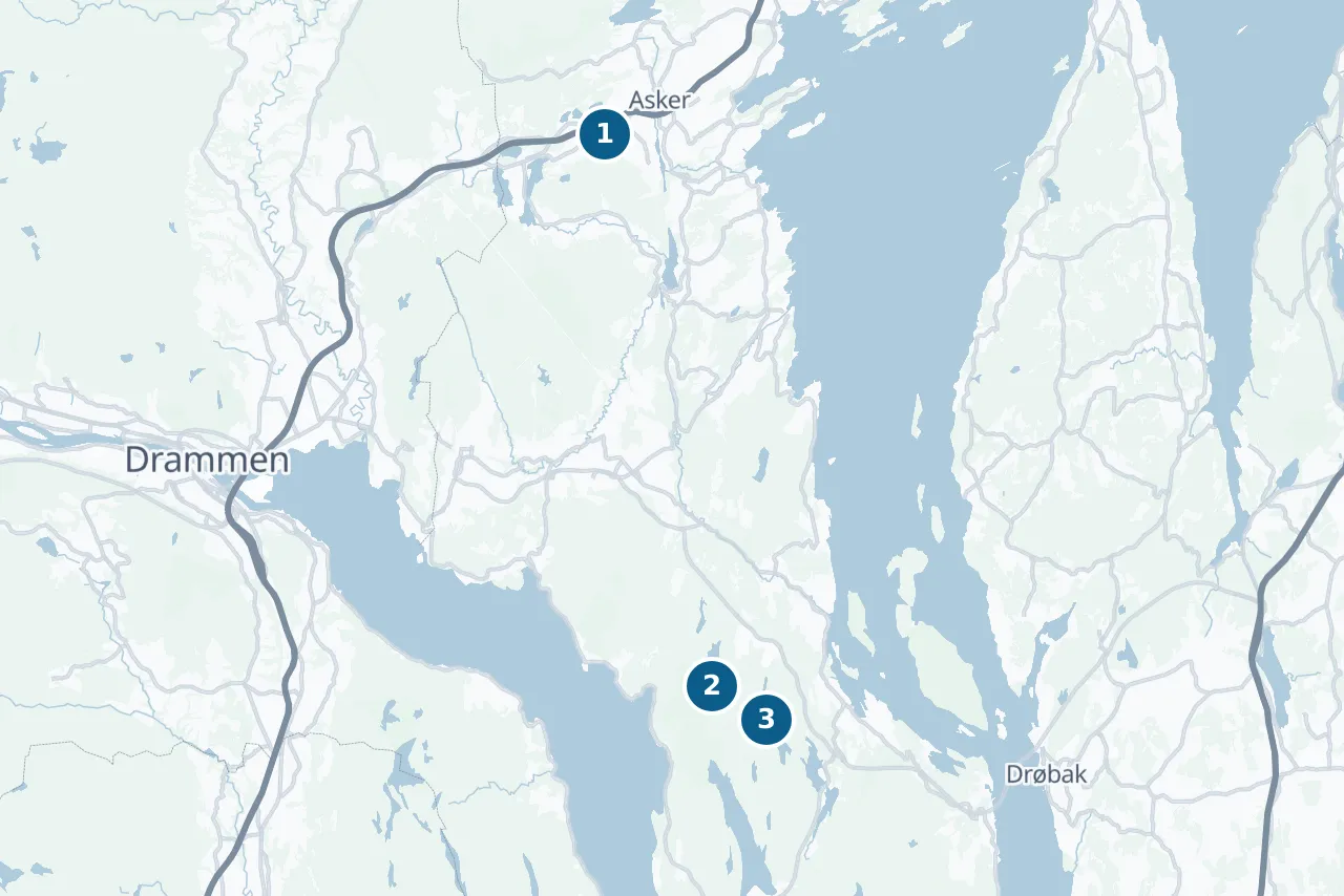 Map of Asker with 3 test centres marked