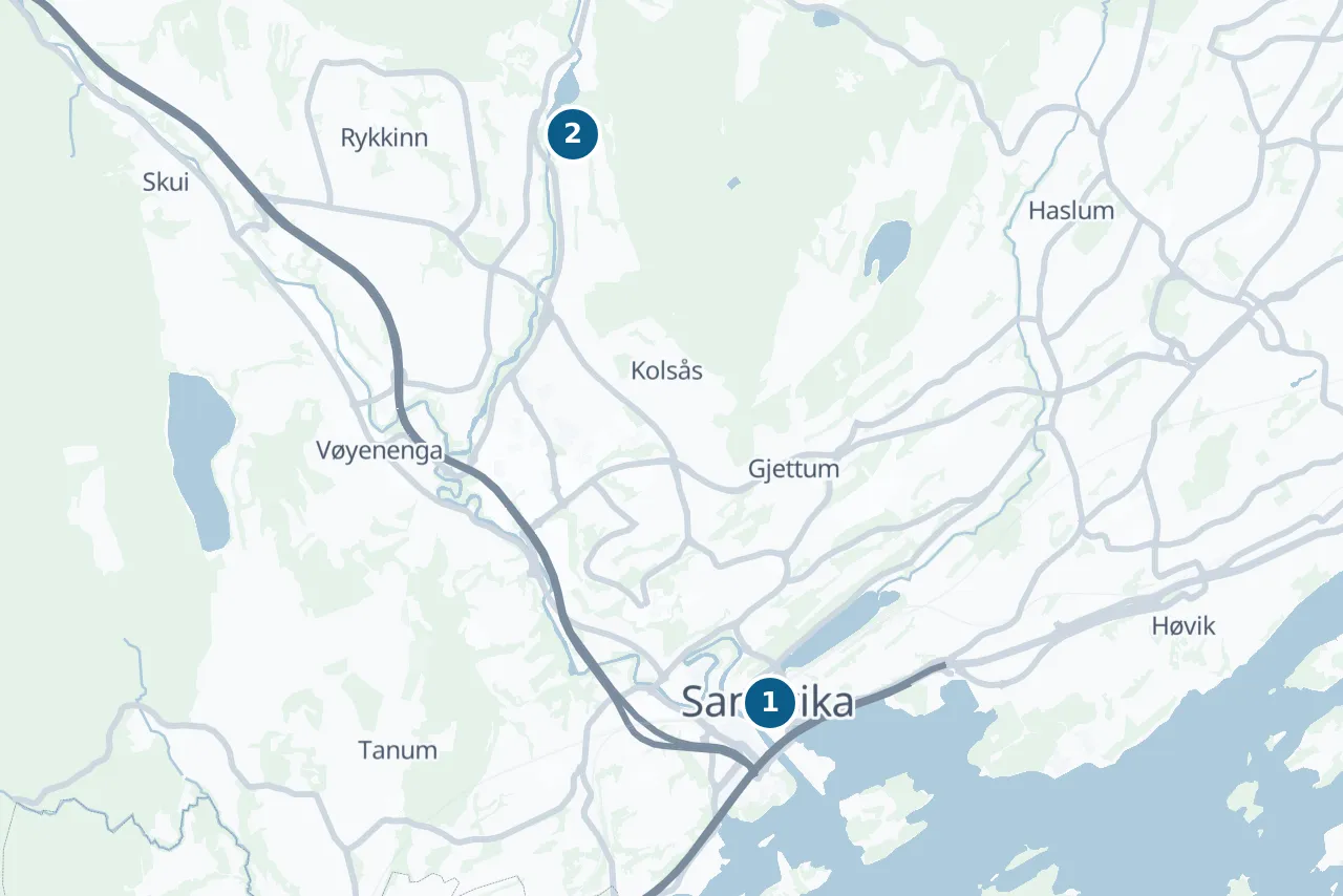 Map of Bærum with 2 test centres marked