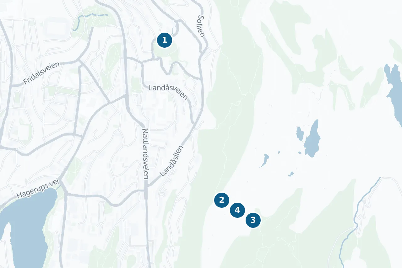 Kart over Bergen med 4 prøvesteder markert