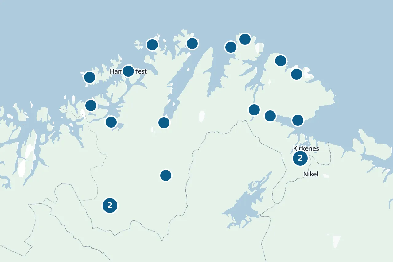 Kart over Finnmark med prøvestedene markert