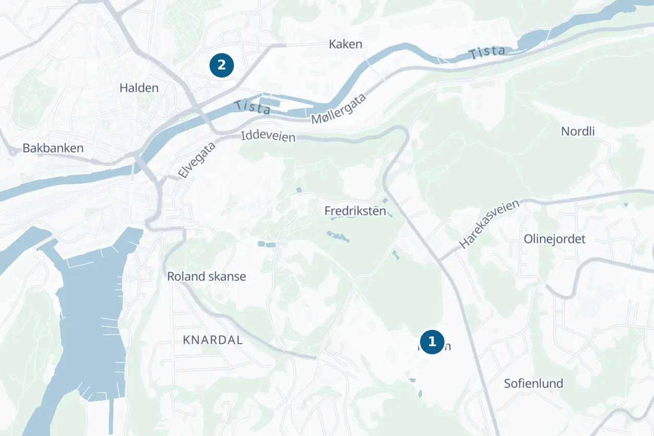 Kart over Halden med 2 prøvesteder markert