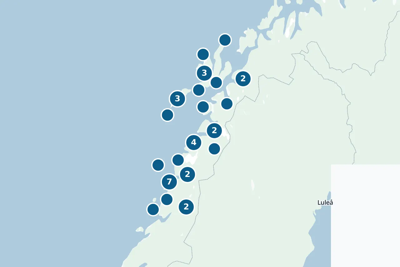 Map of Nordland with the test centres marked