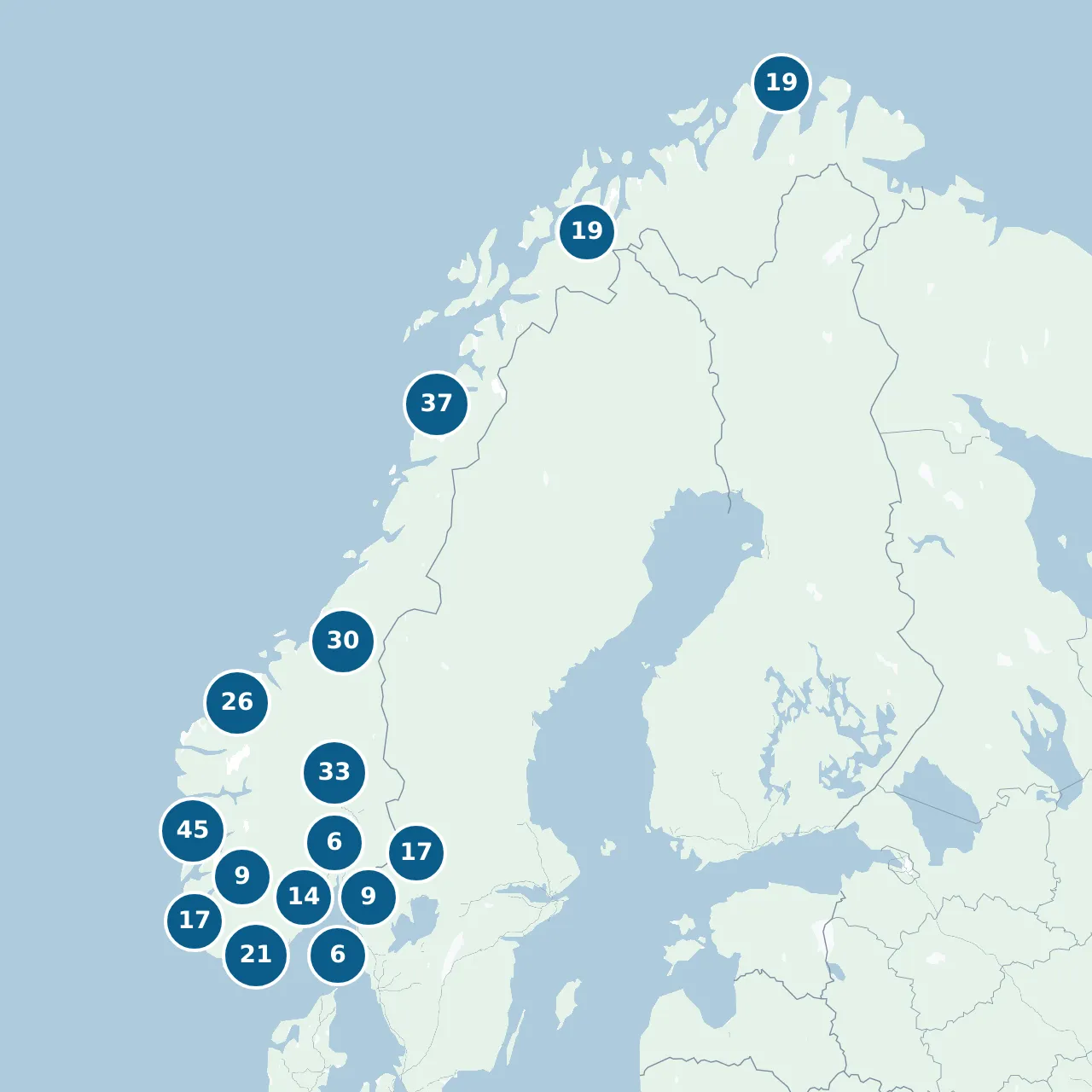 Kart over Norge med antall prøvesteder per fylke