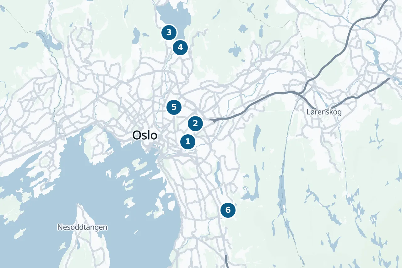 Kart over Oslo med 6 prøvesteder markert