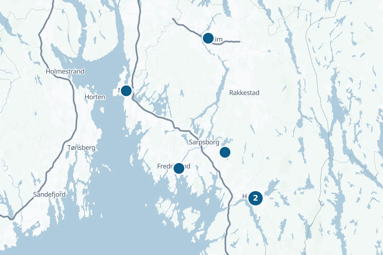 Kart over Østfold med prøvestedene markert