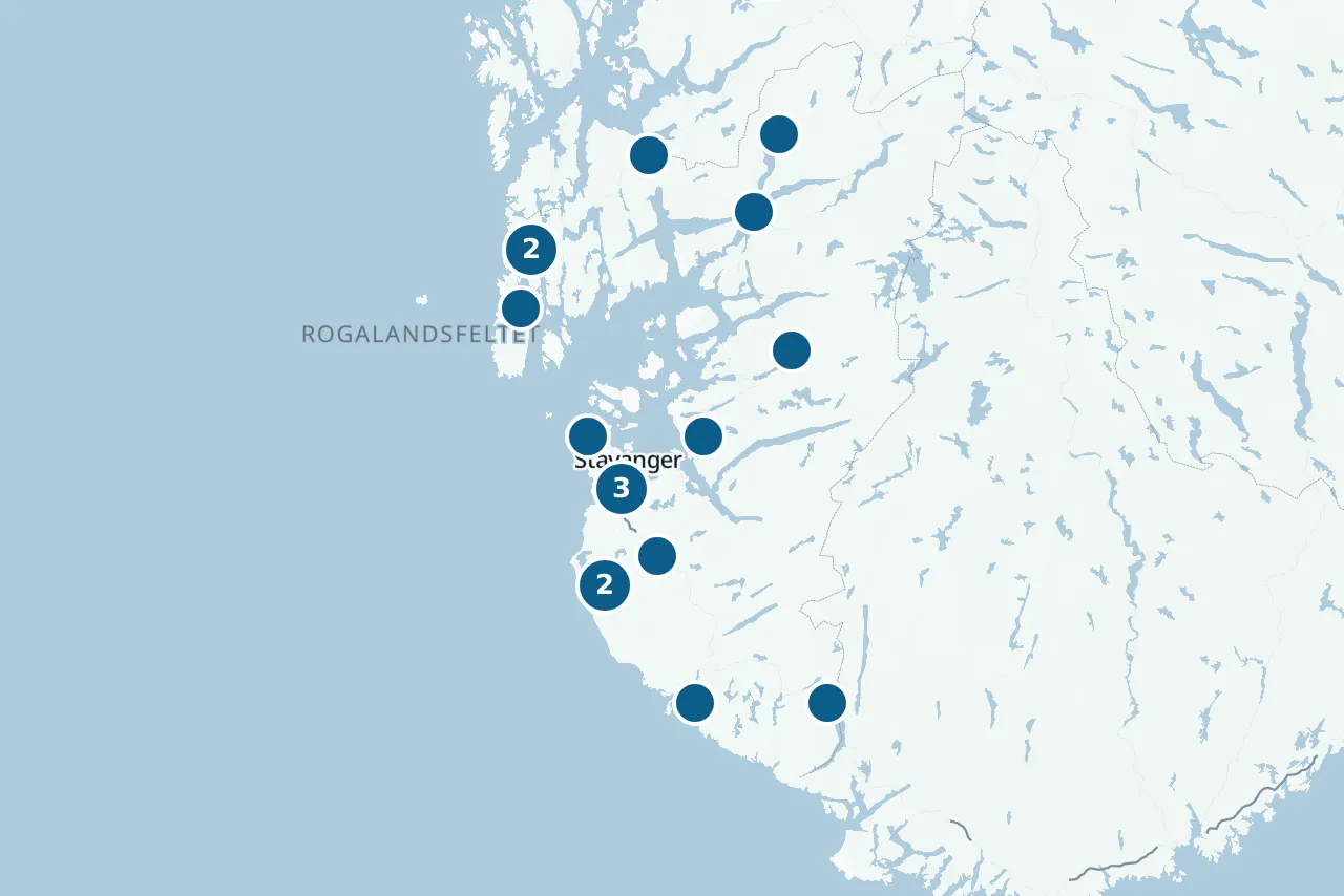 Kart over Rogaland med prøvestedene markert