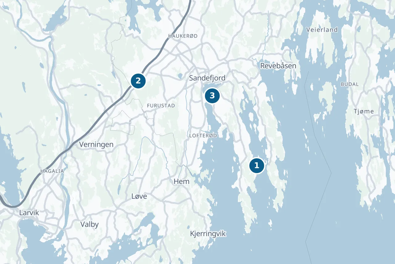 Kart over Sandefjord med 3 prøvesteder markert