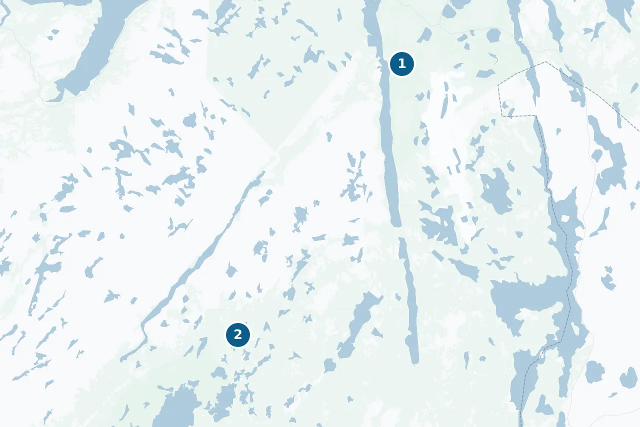 Kart over Sør-Varanger med 2 prøvesteder markert