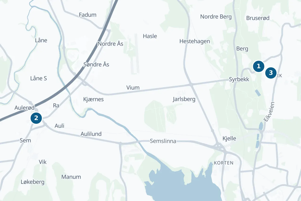 Kart over Tønsberg med 3 prøvesteder markert