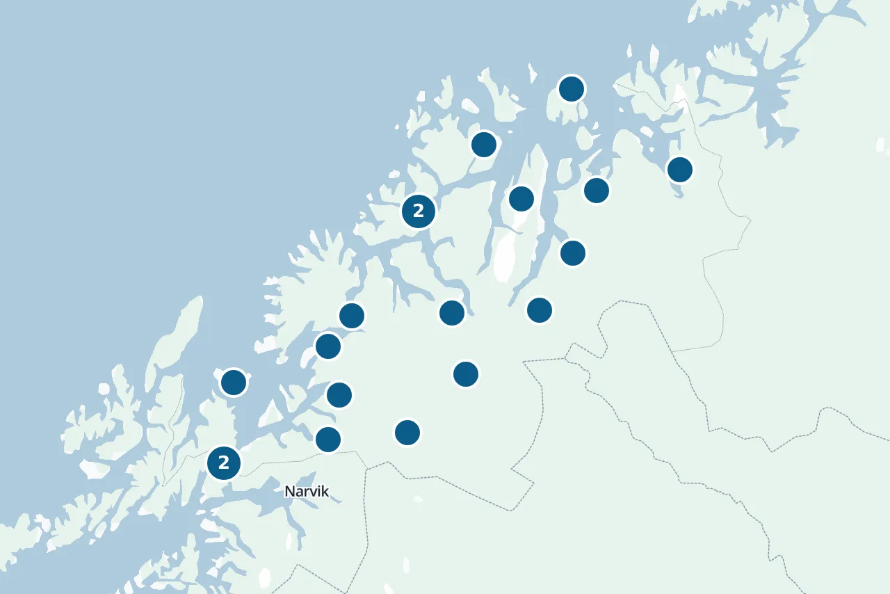 Kart over Troms med prøvestedene markert