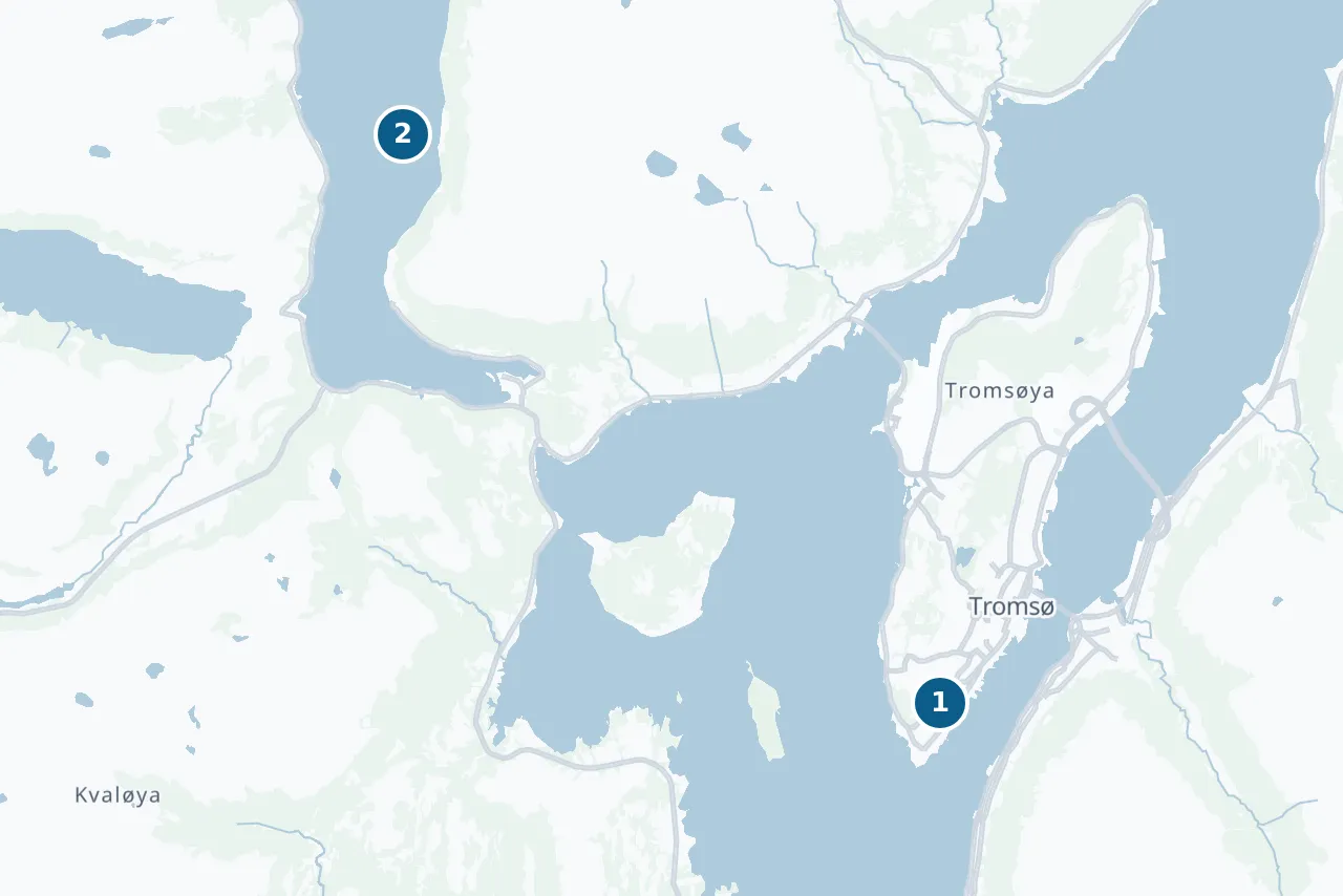 Kart over Tromsø med 2 prøvesteder markert