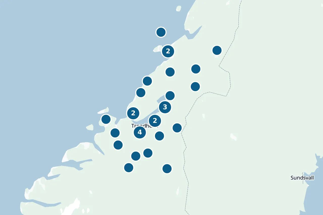 Map of Trøndelag with the test centres marked