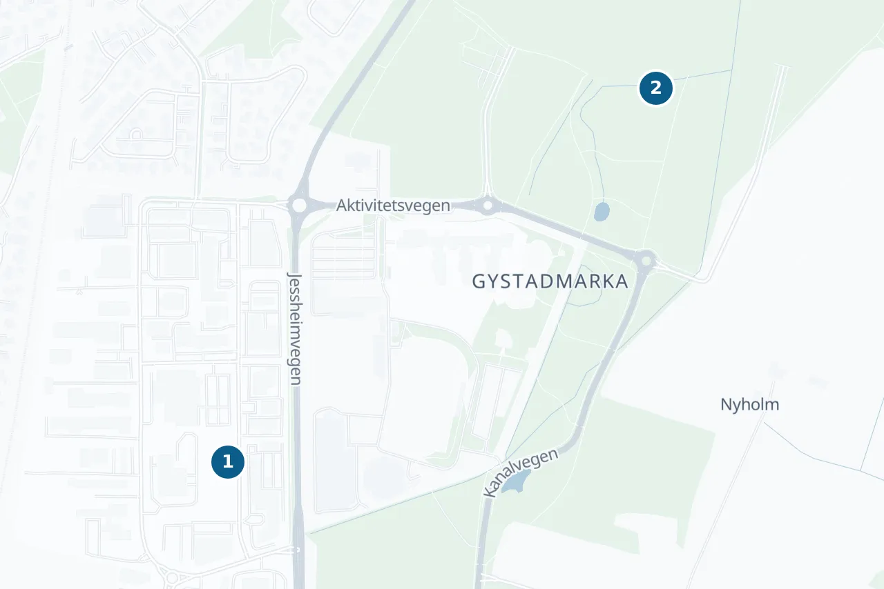 Kart over Ullensaker med 2 prøvesteder markert