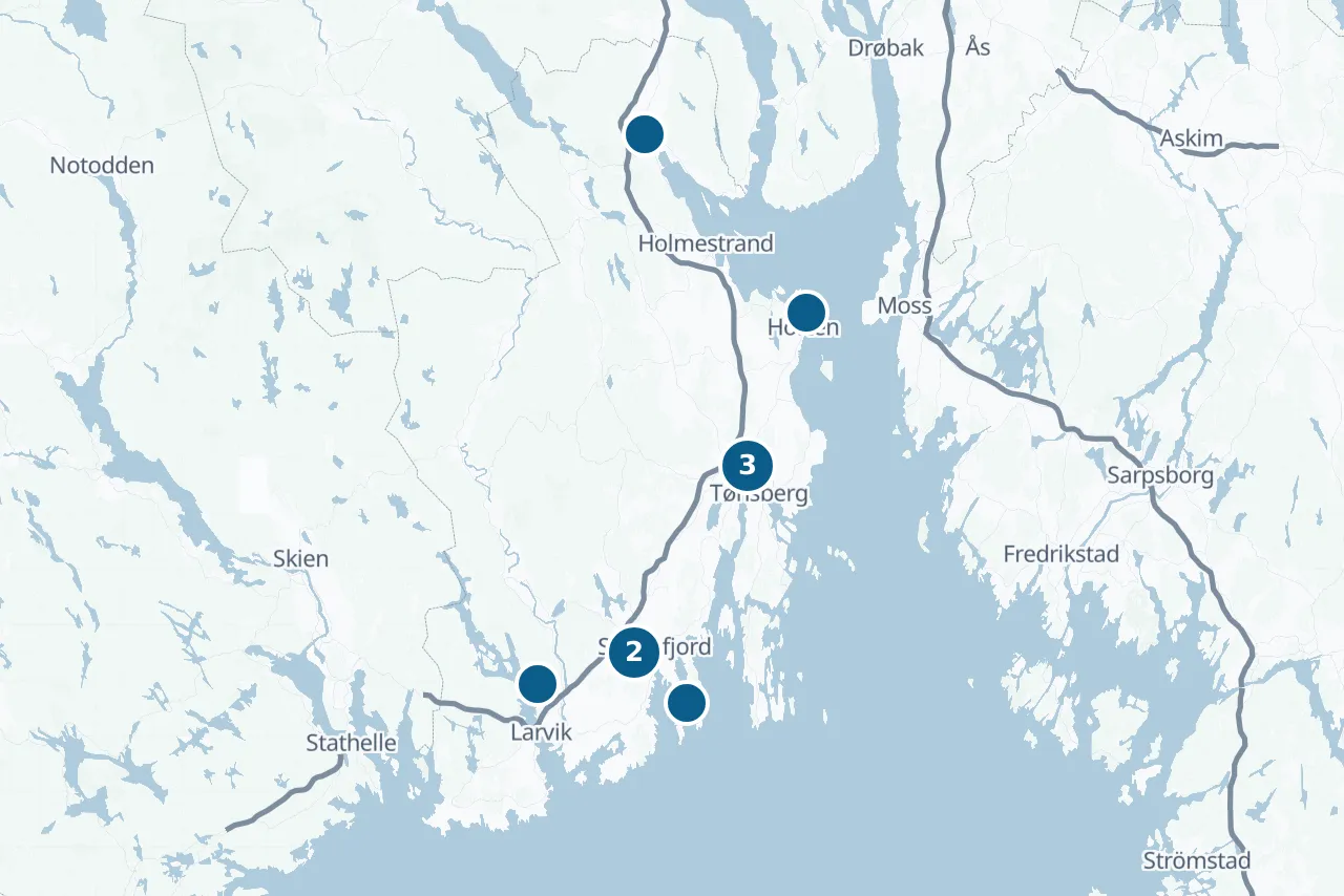Kart over Vestfold med prøvestedene markert