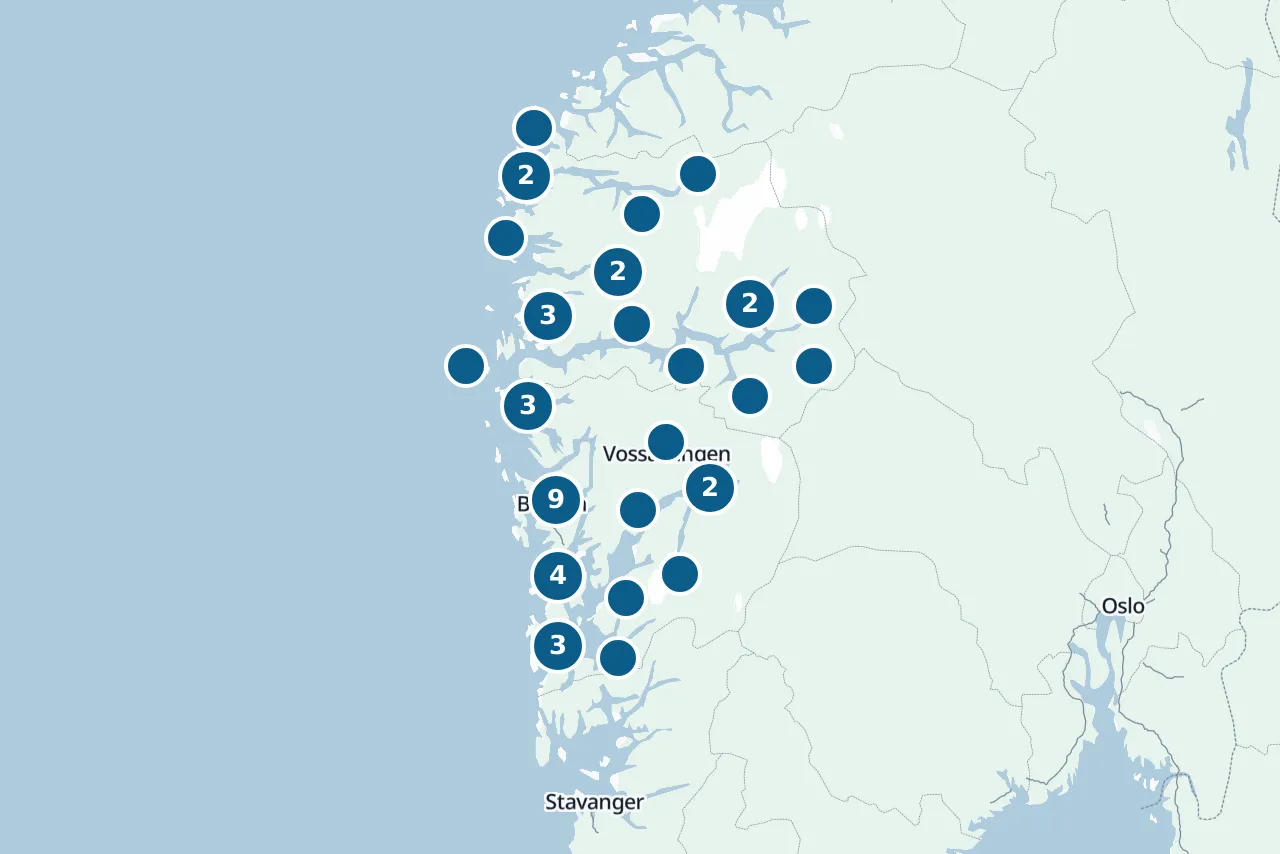 Kart over Vestland med prøvestedene markert