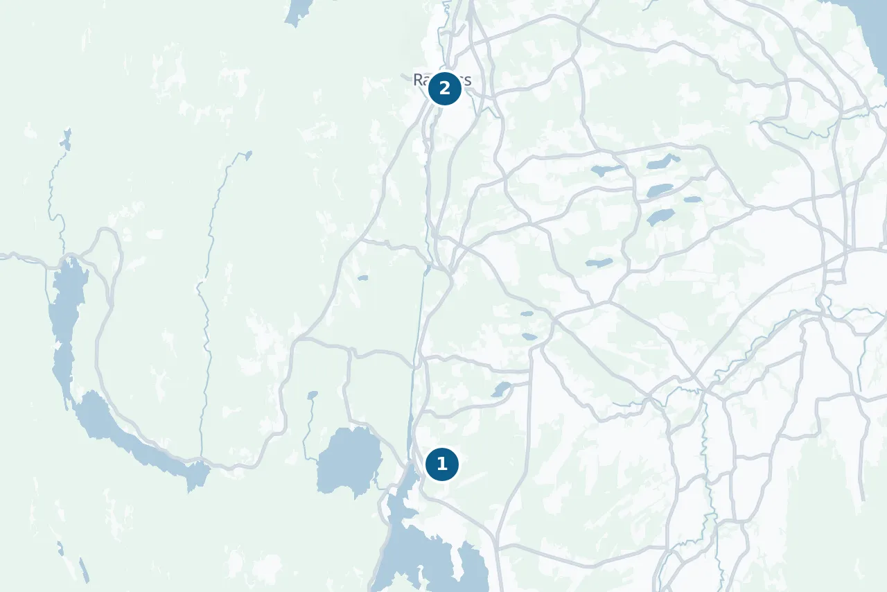 Map of Vestre Toten with 2 test centres marked